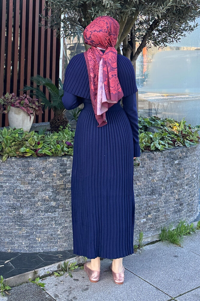 Pelerinli İki Parça Triko Elbise - Lacivert - 8