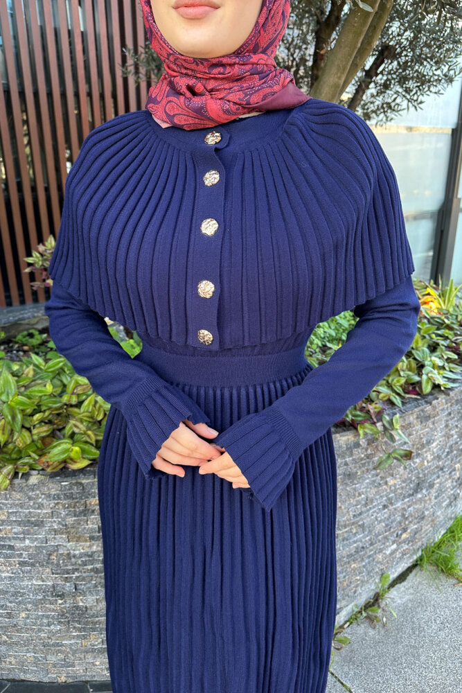 Pelerinli İki Parça Triko Elbise - Lacivert - 3