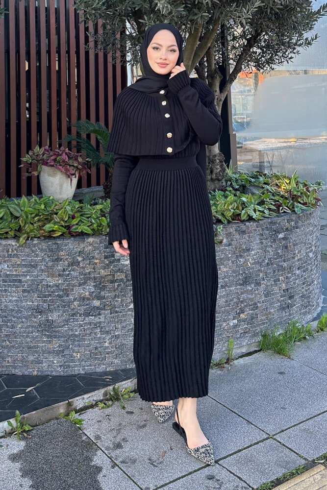 Pelerinli İki Parça Triko Elbise - Siyah - QUB (1)