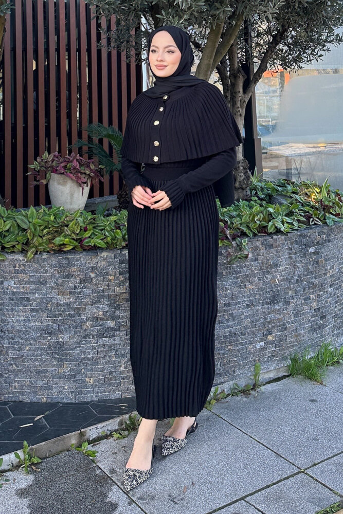 Pelerinli İki Parça Triko Elbise - Siyah - QUB (3)