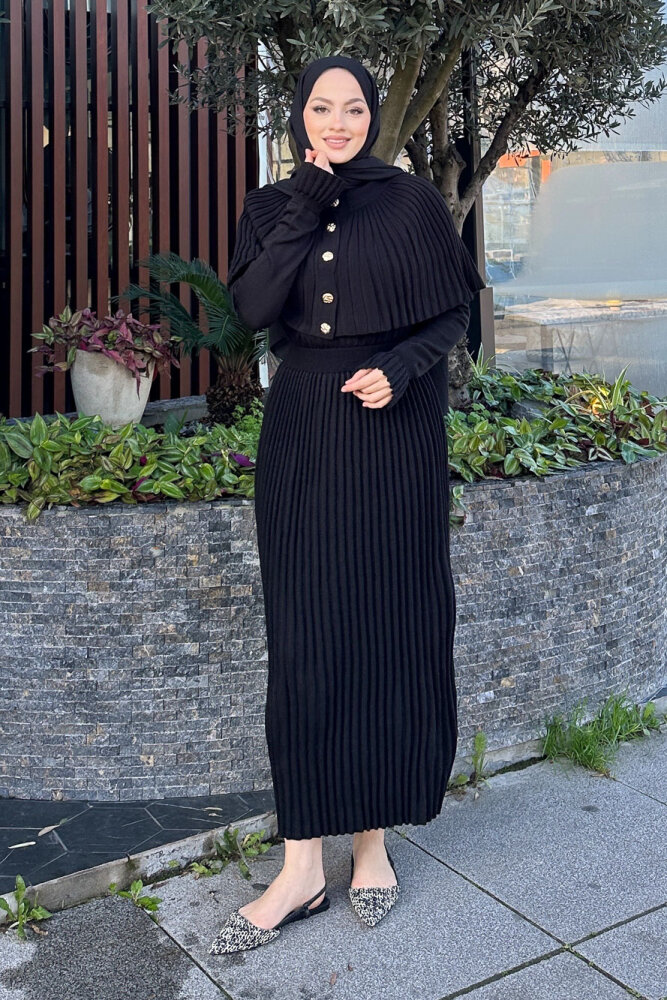 Pelerinli İki Parça Triko Elbise - Siyah - QUB (5)