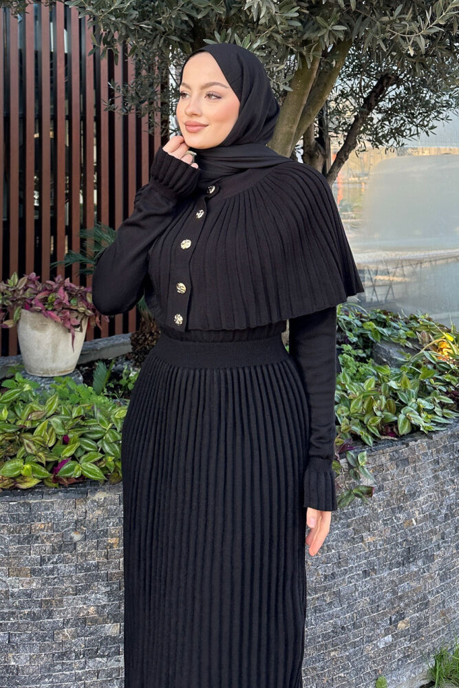 Pelerinli İki Parça Triko Elbise - Siyah - QUB (4)