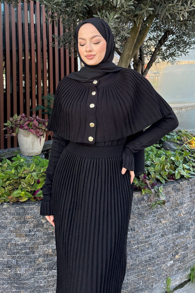 Pelerinli İki Parça Triko Elbise - Siyah - QUB (0)