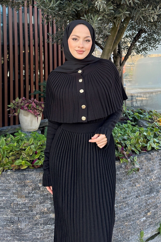 Pelerinli İki Parça Triko Elbise - Siyah - 7