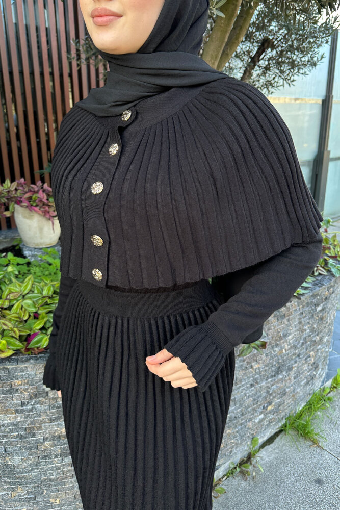 Pelerinli İki Parça Triko Elbise - Siyah - QUB (2)
