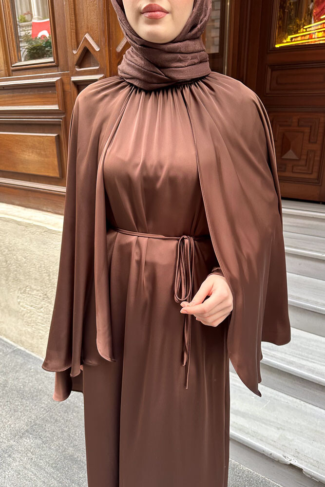 Pelerinli Saten Abaya - Kahverengi - 4