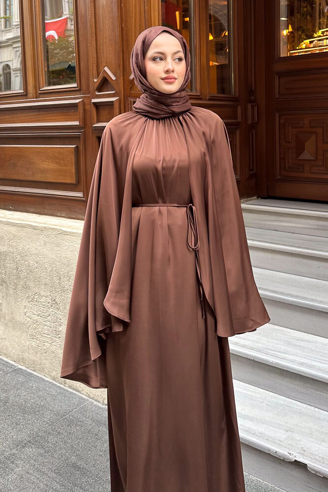Pelerinli Saten Abaya - Kahverengi - 7