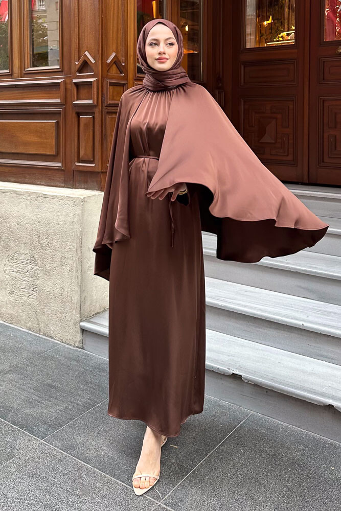 Pelerinli Saten Abaya - Kahverengi - 1