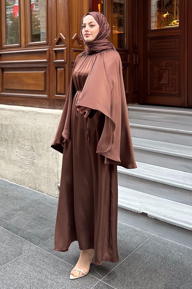 Pelerinli Saten Abaya - Kahverengi - 6
