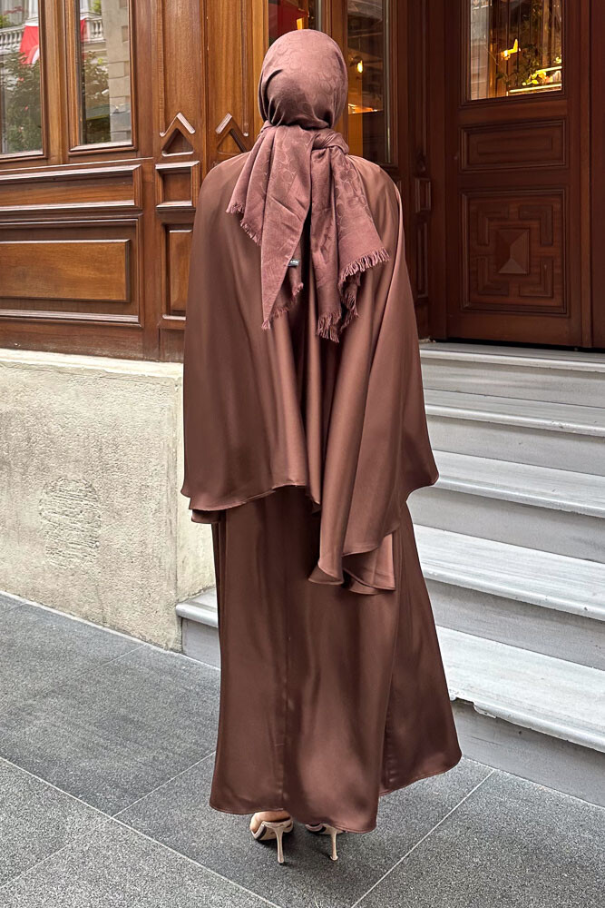 Pelerinli Saten Abaya - Kahverengi - 8