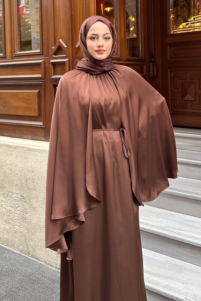 Pelerinli Saten Abaya - Kahverengi - 2
