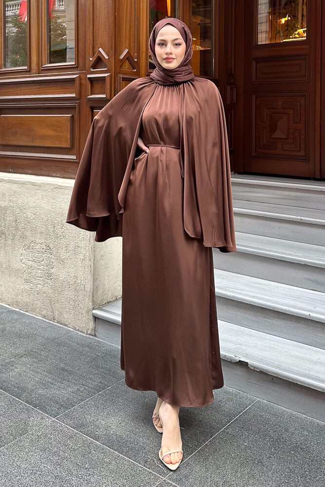 Pelerinli Saten Abaya - Kahverengi - 3