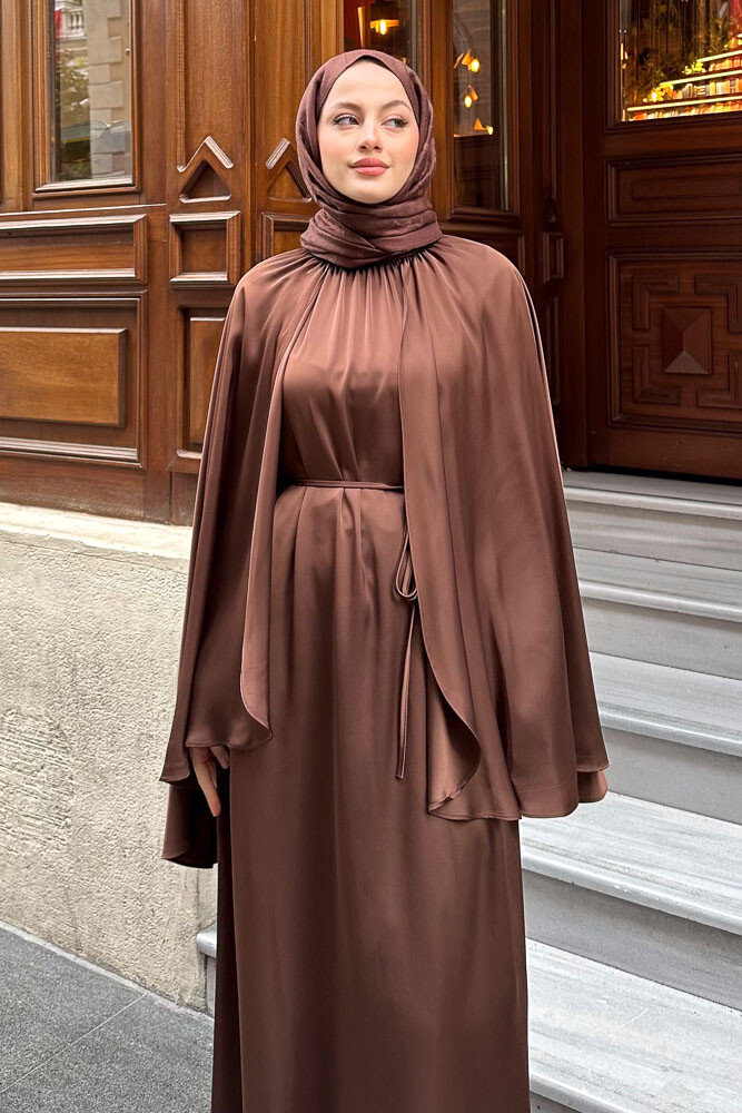 Pelerinli Saten Abaya - Kahverengi - 5
