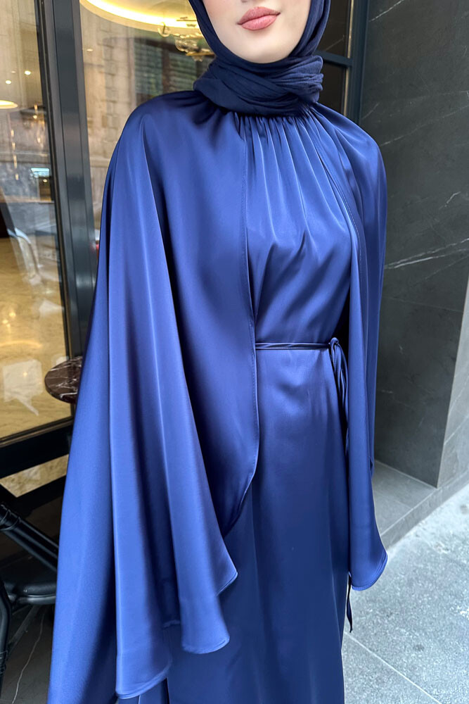 Pelerinli Saten Abaya - Lacivert - 6