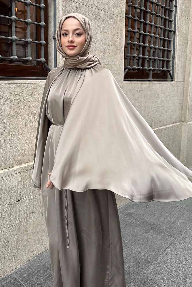 Pelerinli Saten Abaya - Vizon - 3