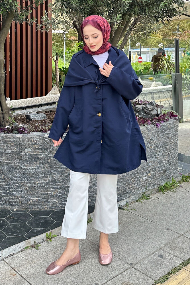 Pelerinli Trençkot - Lacivert - 6