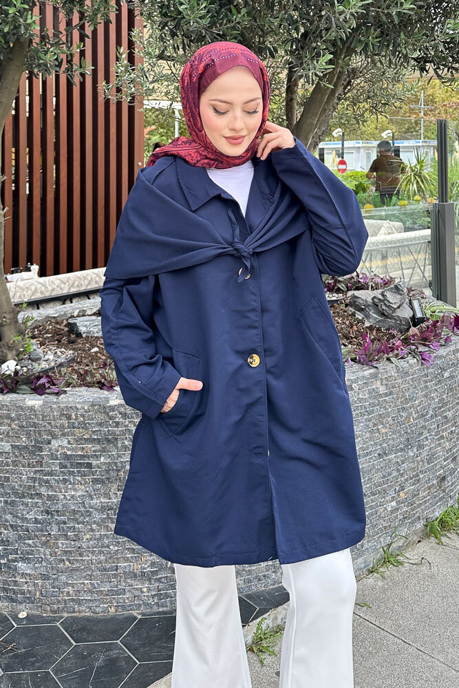 Pelerinli Trençkot - Lacivert - 5