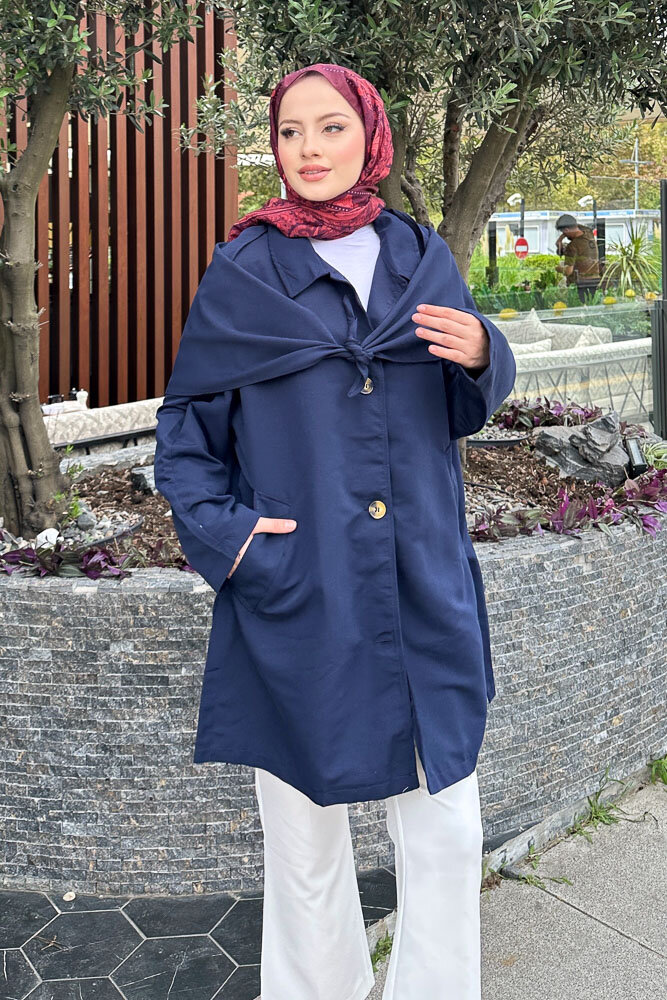 Pelerinli Trençkot - Lacivert - 1