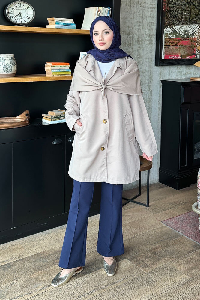Pelerinli Trençkot - Taş Rengi - 7