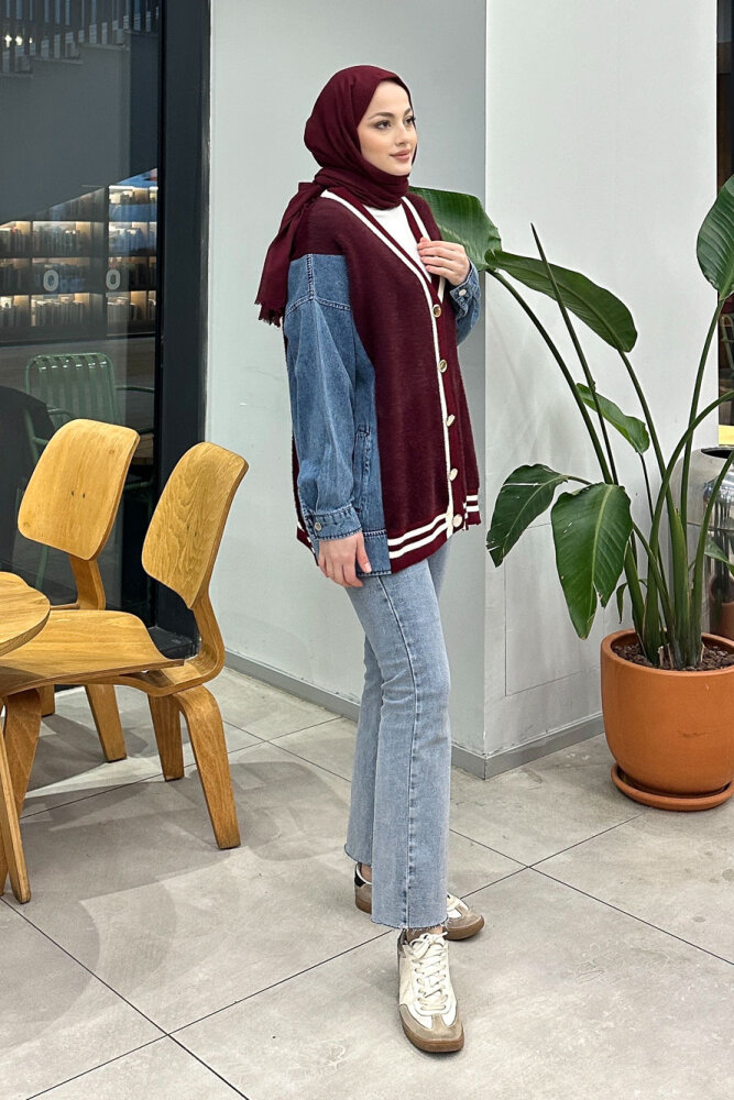 Peluş Detaylı Denim Hırka - Bordo - QUB (3)