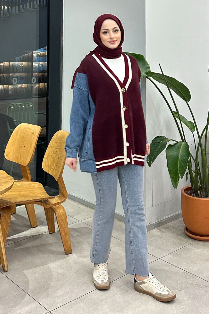 Peluş Detaylı Denim Hırka - Bordo - QUB (1)
