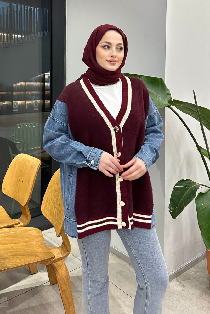 Peluş Detaylı Denim Hırka - Bordo - 5