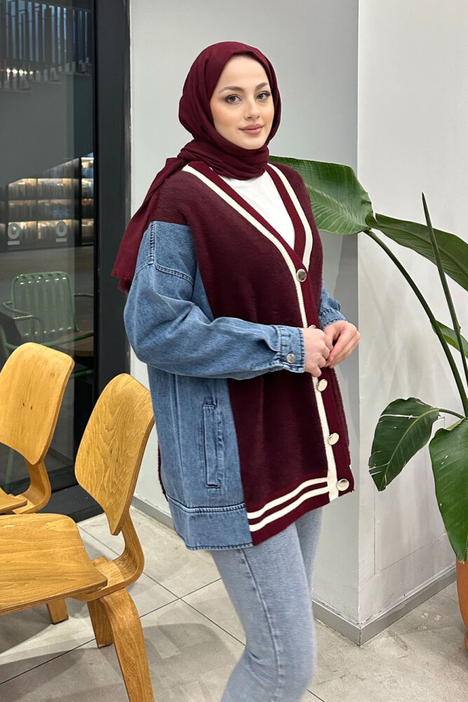 Peluş Detaylı Denim Hırka - Bordo - 1