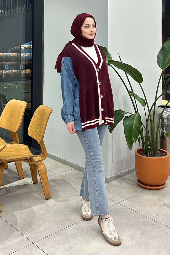Peluş Detaylı Denim Hırka - Bordo - 7