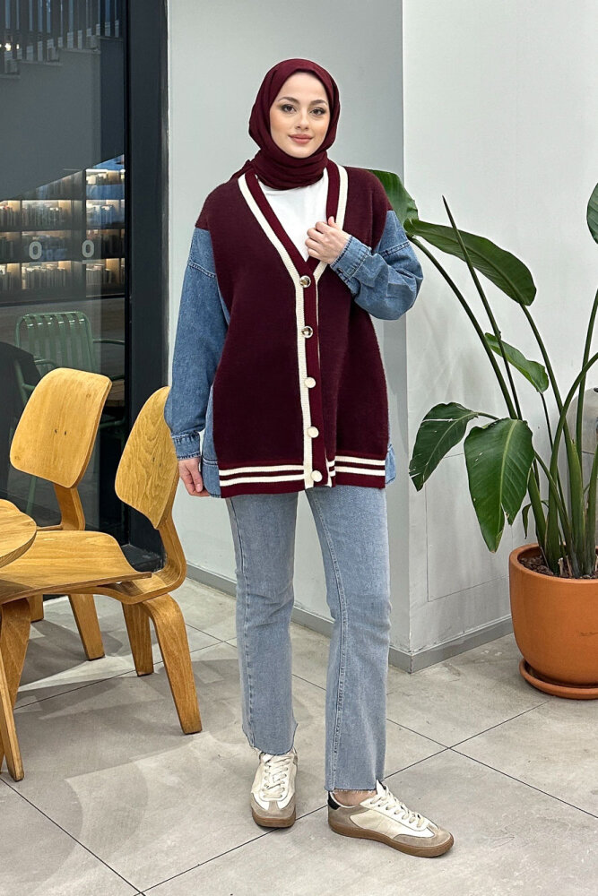 Peluş Detaylı Denim Hırka - Bordo - 6