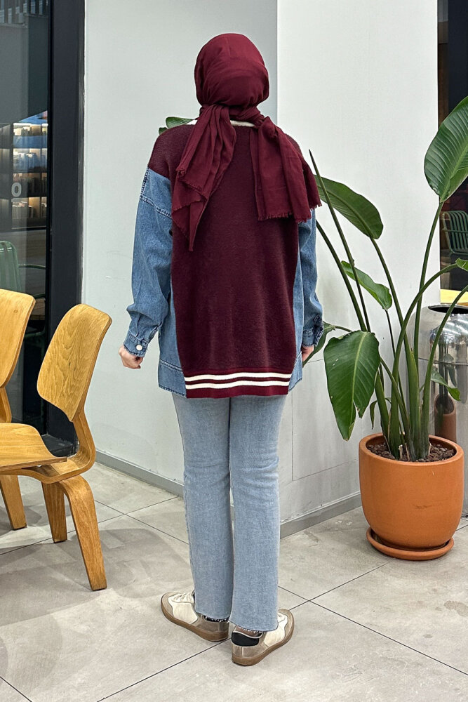 Peluş Detaylı Denim Hırka - Bordo - 8