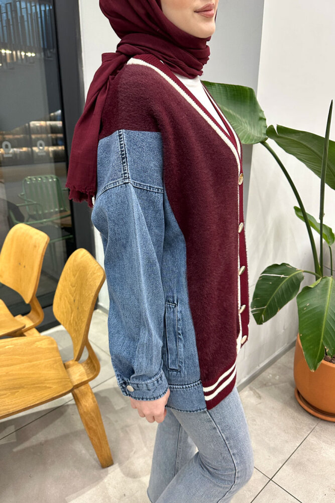 Peluş Detaylı Denim Hırka - Bordo - QUB (2)