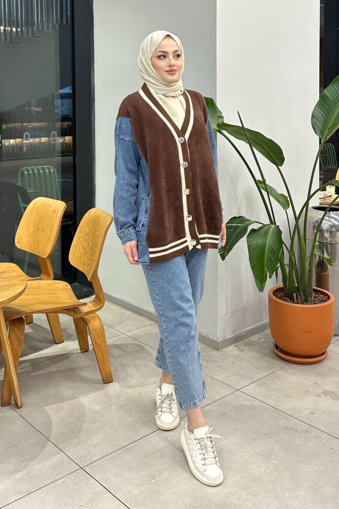 Peluş Detaylı Denim Hırka - Kahverengi - 1
