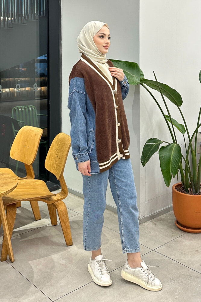 Peluş Detaylı Denim Hırka - Kahverengi - QUB (4)