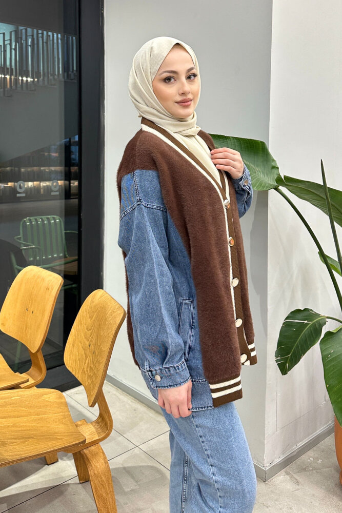 Peluş Detaylı Denim Hırka - Kahverengi - QUB (2)