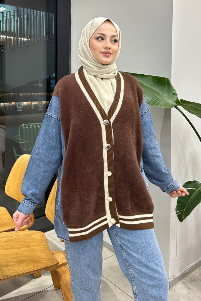 Peluş Detaylı Denim Hırka - Kahverengi - 2
