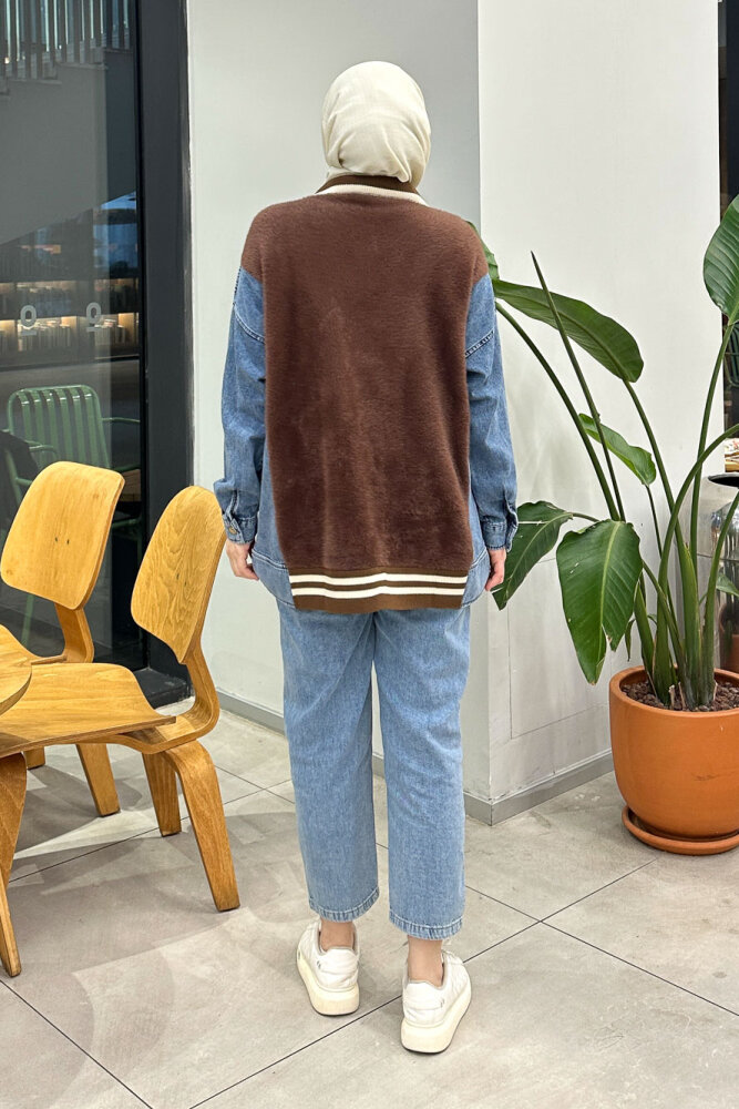 Peluş Detaylı Denim Hırka - Kahverengi - QUB (5)