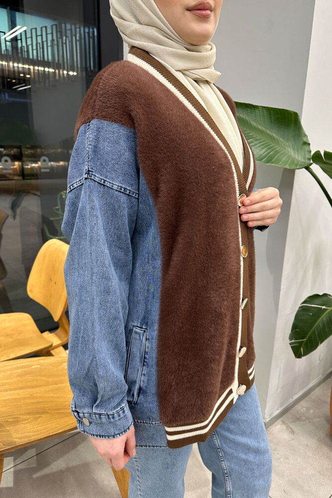 Peluş Detaylı Denim Hırka - Kahverengi - 4