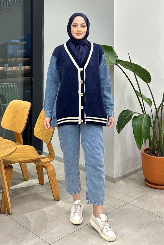 Peluş Detaylı Denim Hırka - Lacivert - QUB (0)