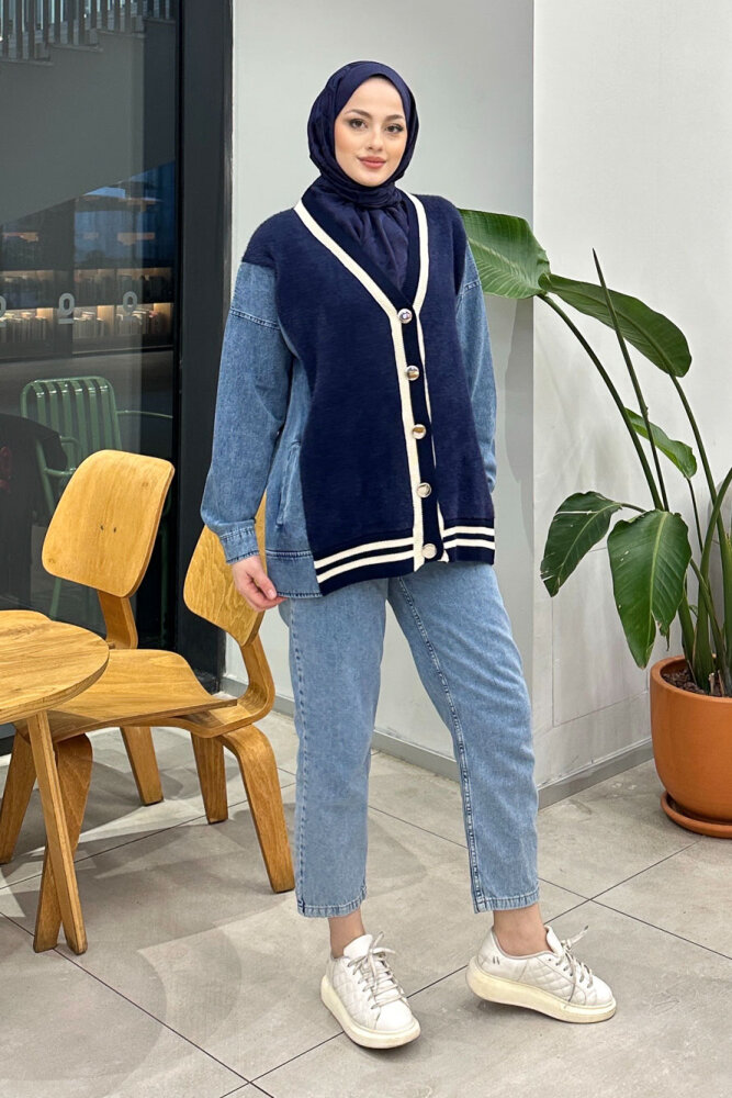 Peluş Detaylı Denim Hırka - Lacivert - QUB (3)