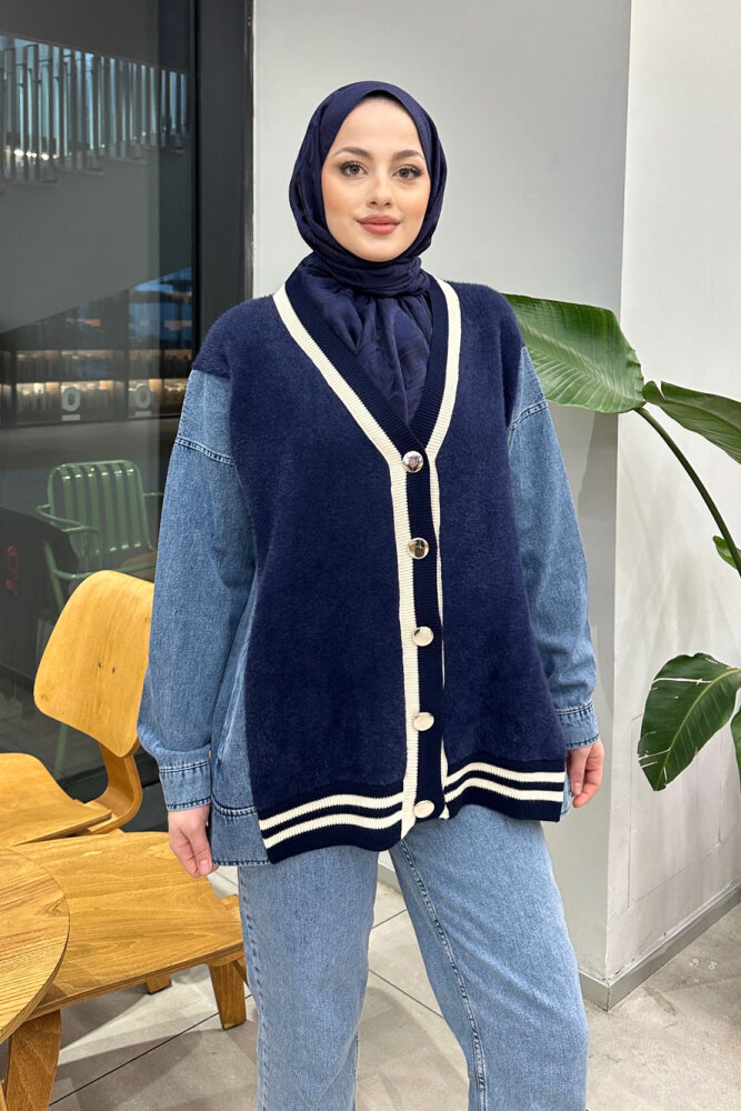 Peluş Detaylı Denim Hırka - Lacivert - QUB (1)