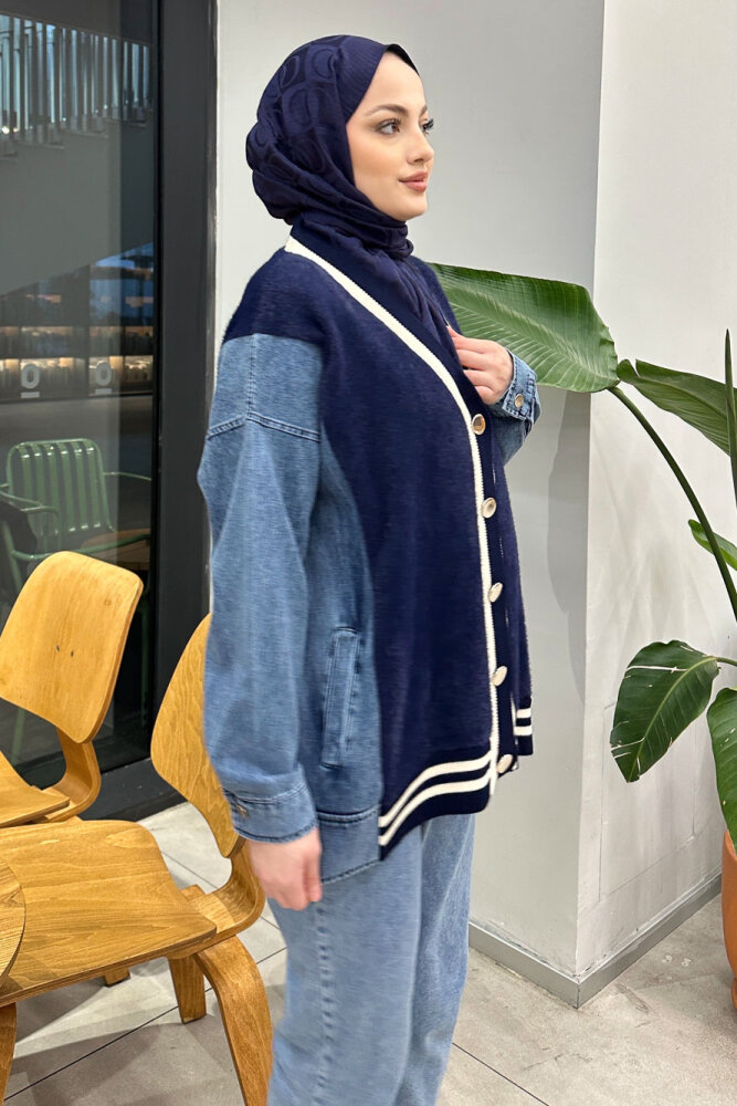 Peluş Detaylı Denim Hırka - Lacivert - QUB (4)