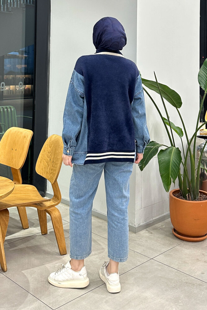 Peluş Detaylı Denim Hırka - Lacivert - 6