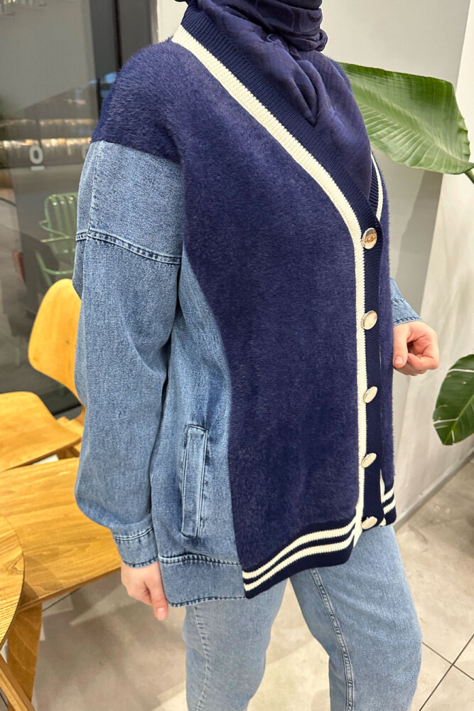 Peluş Detaylı Denim Hırka - Lacivert - QUB (2)