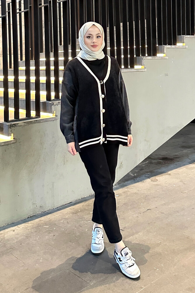 Peluş Detaylı Denim Hırka - Siyah - 4