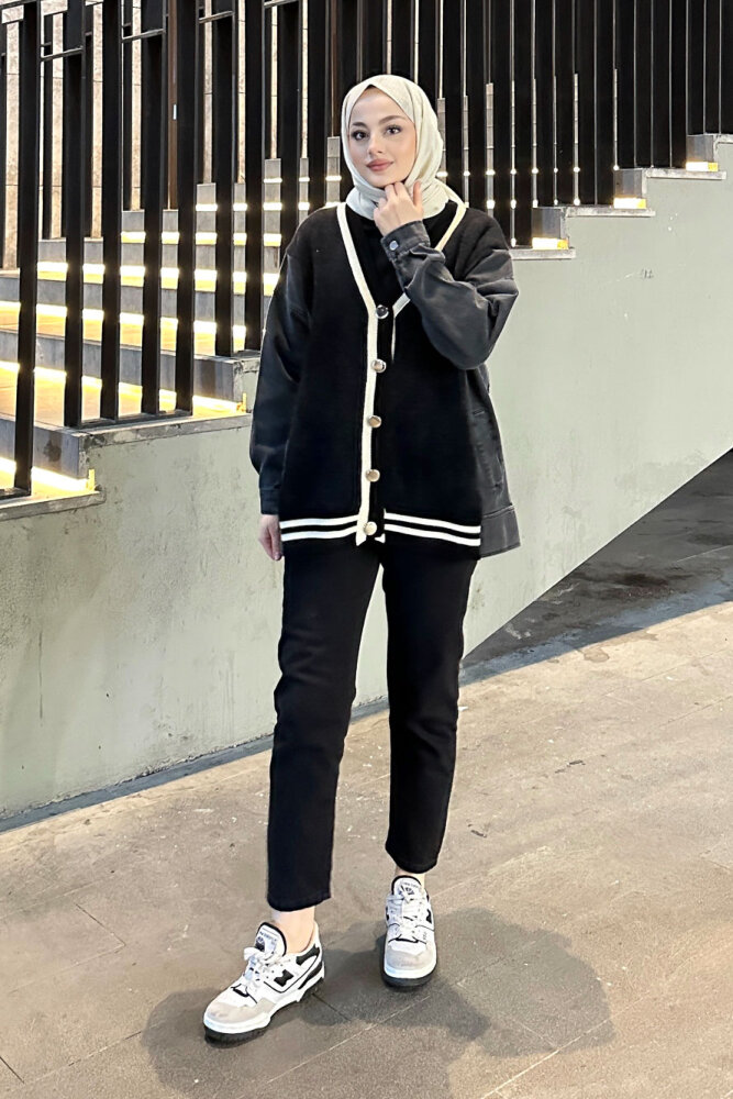 Peluş Detaylı Denim Hırka - Siyah - 1