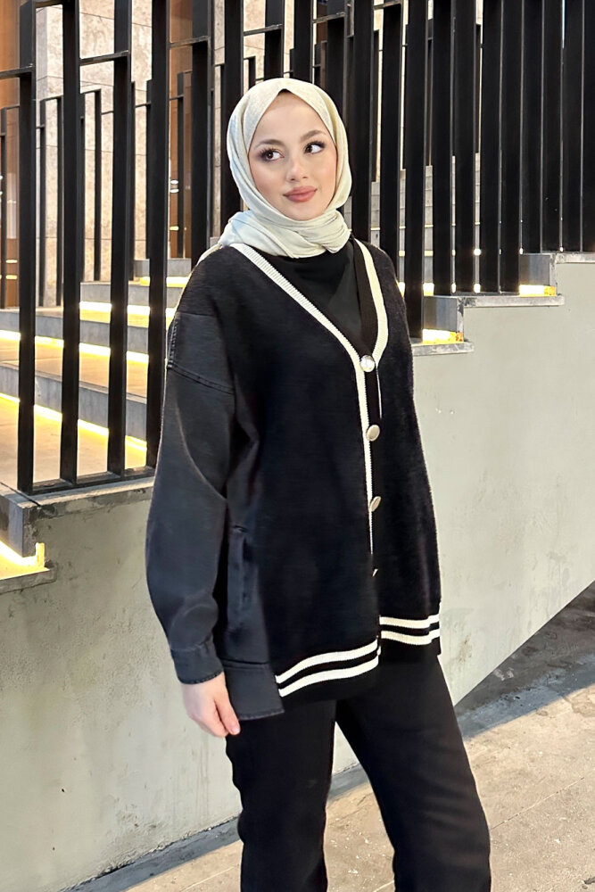 Peluş Detaylı Denim Hırka - Siyah - QUB (4)