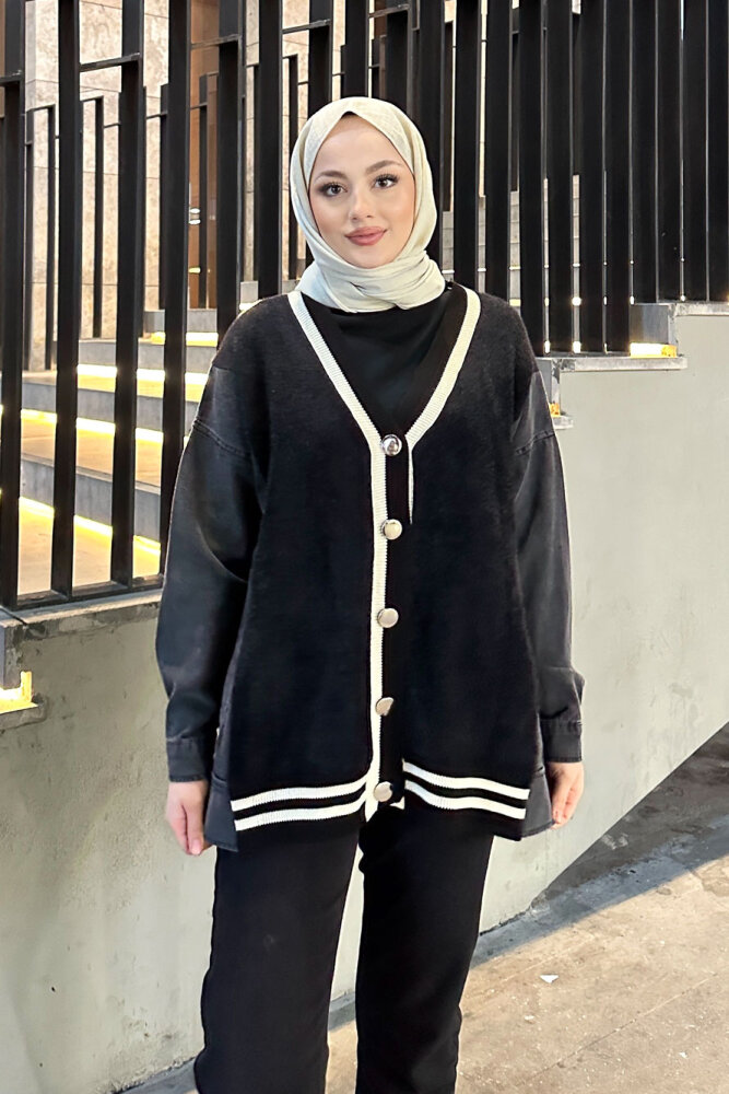 Peluş Detaylı Denim Hırka - Siyah - QUB (1)