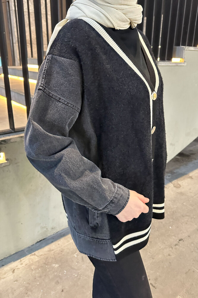 Peluş Detaylı Denim Hırka - Siyah - QUB (2)