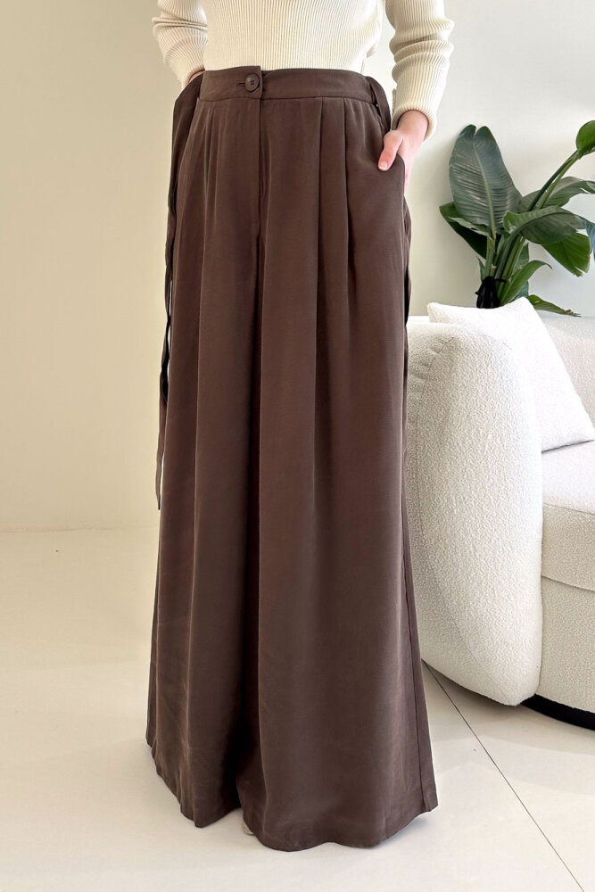 Pile Detaylı Geniş Paça Pantolon - Kahverengi - İKOL (1)