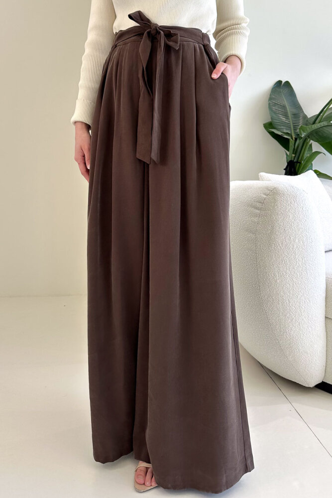 Pile Detaylı Geniş Paça Pantolon - Kahverengi - İKOL (0)